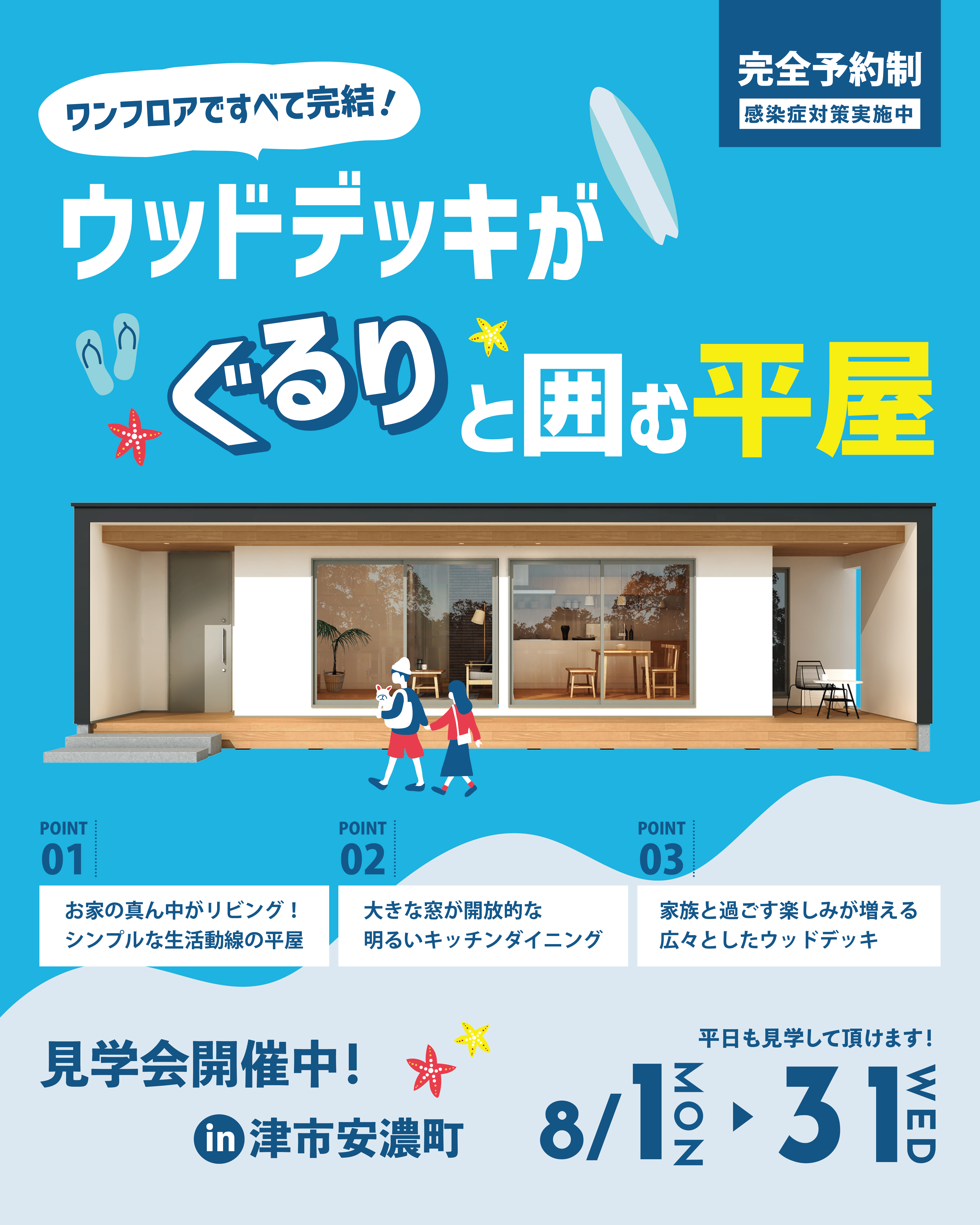 ワンフロアですべて完結！ウッドデッキがぐるりと囲む平屋