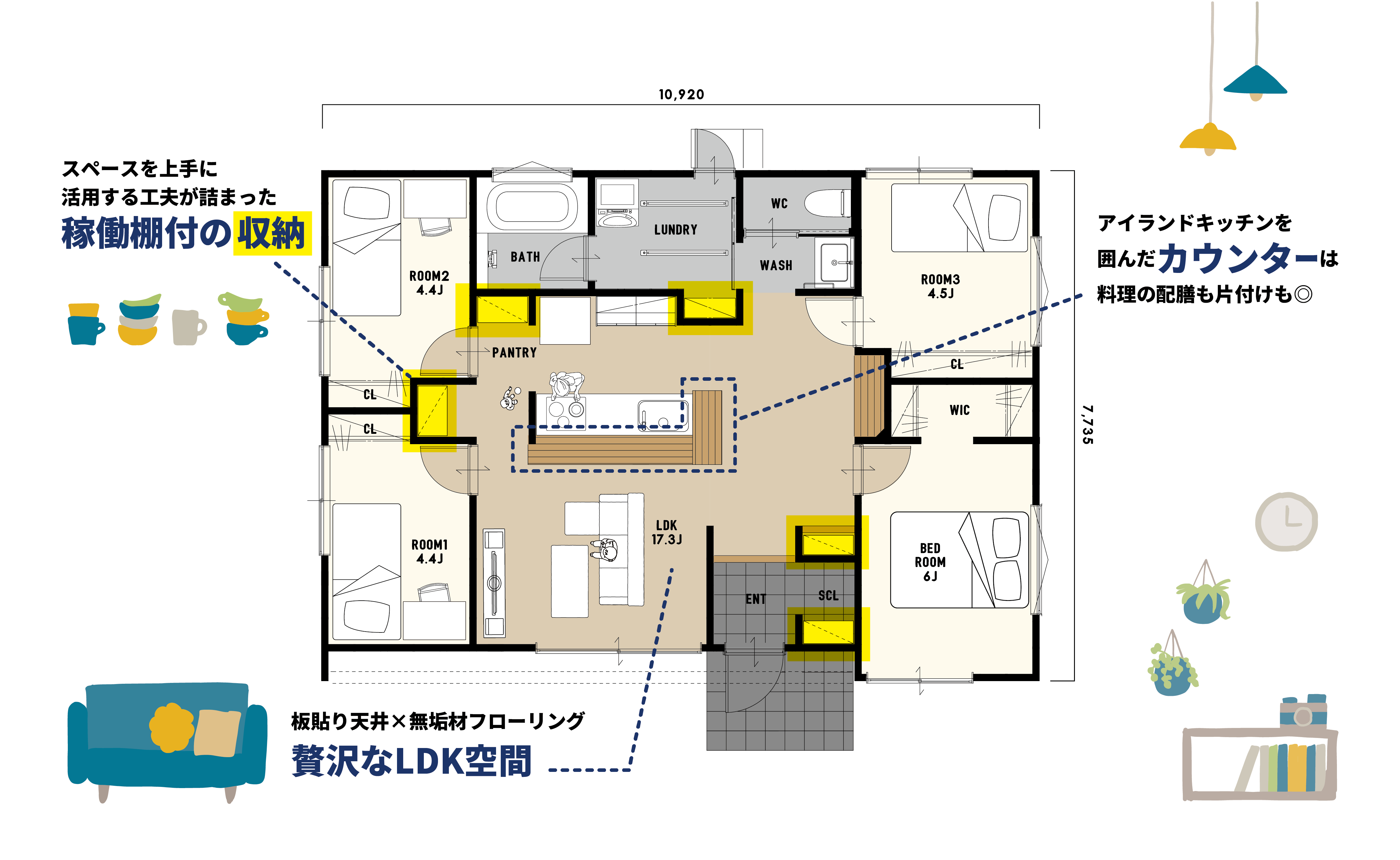 ぐるりと回れるアイランドキッチン家事が６歩で完結する平屋